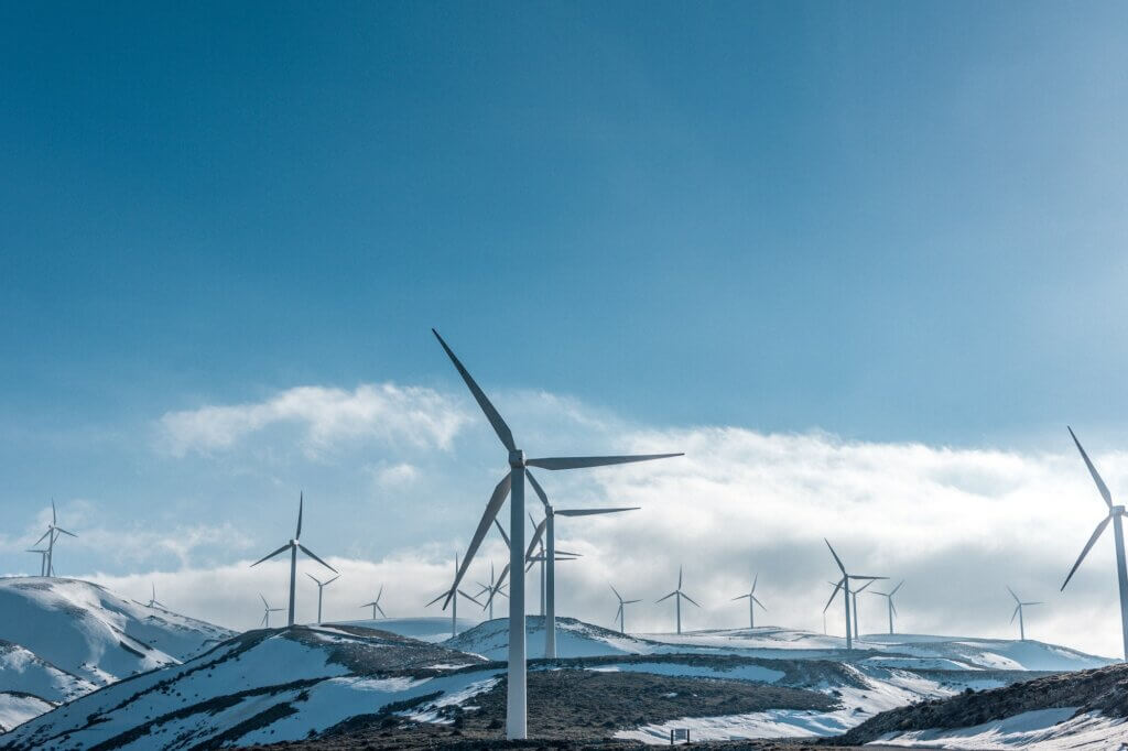 Wind turbines on the mountains to create sustainable energy